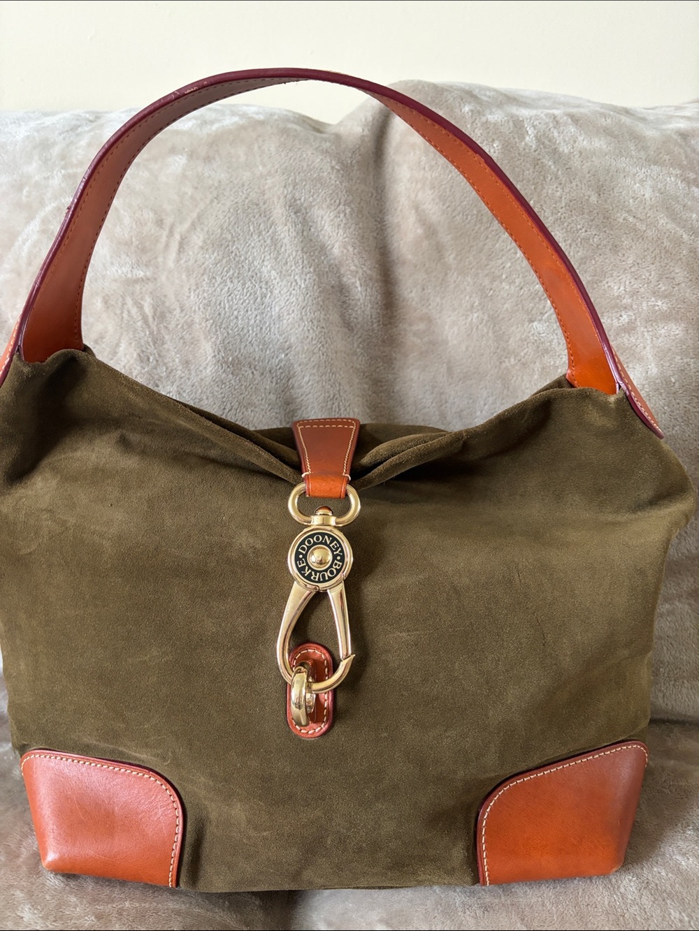 Dooney & Bourke vintage Olive Suede Shoulder Bag with Brown Leather Trim